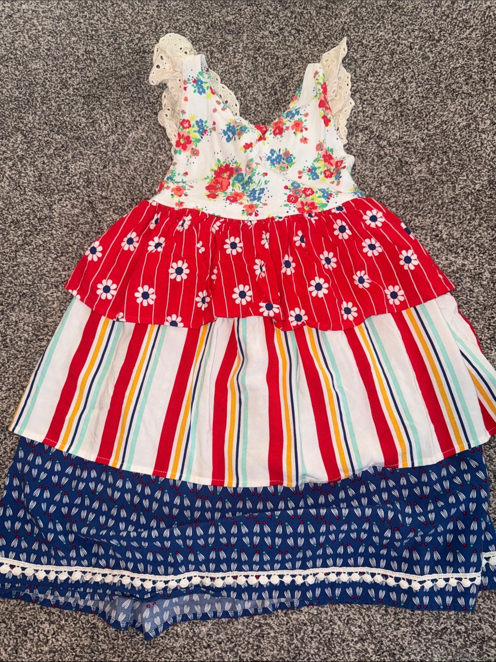 Wildflowers White, Red & Blue Tiered Floral Stripe Sundress